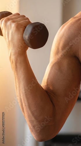 A person's toned arm flexes...