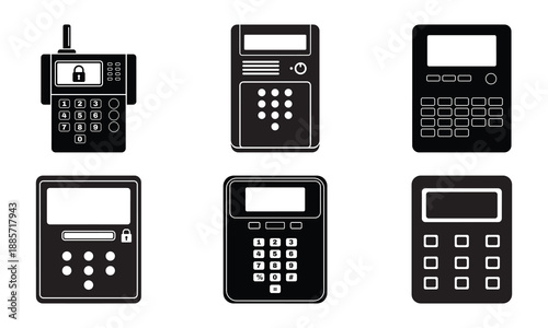 Modern keypad and electronic device icons, including keypads, scanners, and access control systems for security and technology.
