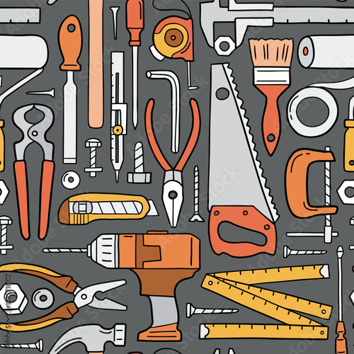Seamless vector pattern with various tools. Hand drawn illustration of cutter, nut, spanner, stripper, drill, screw, screwdriver, handsaw, wrench and pliers. Perfect for textile or print design.