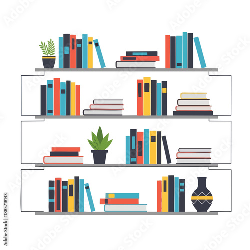Colorful Books on Shelves with Decorative Items
