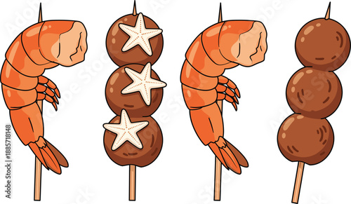 Seafood And Meat Skewers Illustration Set With Shrimp And Grilled Balls Isolated On White Background