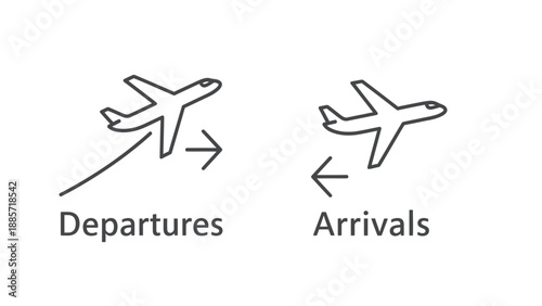 Departure and arrival airplane icons for travel and transportation concepts