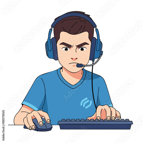 Gamer with Headset and Serious Expression