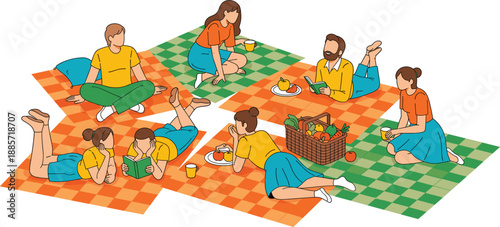 Family And Friends Picnic Illustration With People Relaxing Eating And Spending Time Outdoors Together