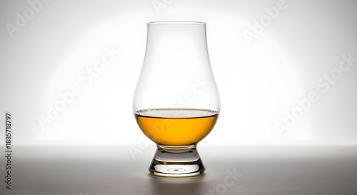 Single malt scotch or bourbon in a tulip-shaped glencairn tasting glass isolated on a clean white background.

