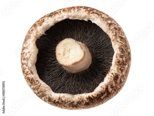 A close-up shot of a portobello mushroom showing the gills and the stem Isolated Transparent Background, PNG