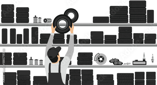 This dynamic illustration shows a mechanic in overalls and a cap reaching up to select tires from a high shelf in a well-organized tire shop, indicating busy work.