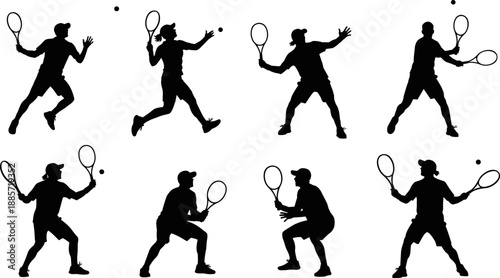 Vector silhouettes set of male and female tennis players in various dynamic action poses, serving and returning the ball, symbolizing competitive sport, athleticism, and physical fitness 