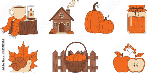 Autumn Fall Season Illustration Set With Pumpkin Apple Cozy Home And Harvest Elements
