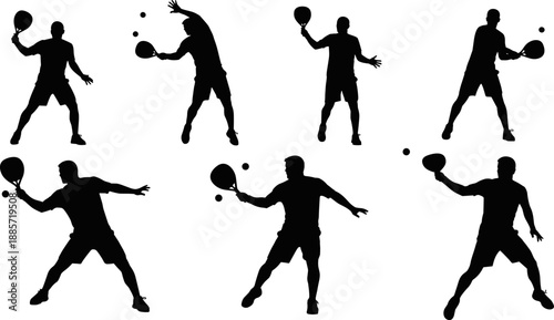 Vector silhouettes set of male padel tennis players in various dynamic action poses, hitting the ball with paddles, symbolizing competitive racquet sport, fitness, and high-energy summer recreation