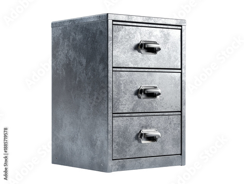A metal filing cabinet with three drawers, perfect for organizing documents and office supplies Isolated Transparent Background, PNG
