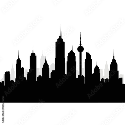 Abstract silhouette of a modern cityscape with tall buildings and skyscrapers against a white
