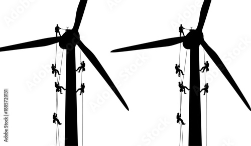 Wind turbine maintenance workers silhouette showing technicians climbing blades and towers, renewable energy service, rope access safety, clean power infrastructure, black vector illustration isolated