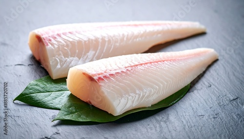 葉の上に置かれた白身魚の切り身が素材の鮮度を強調する構図