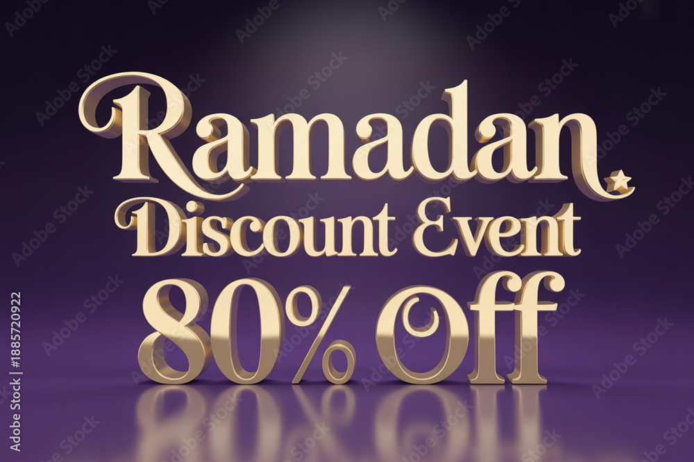 Obraz premium Ramadan discount event sale offering eighty percent off featured in gold text on purple background for islamic holiday shopping promotion with crescent moon and star symbolizing festive season celebra