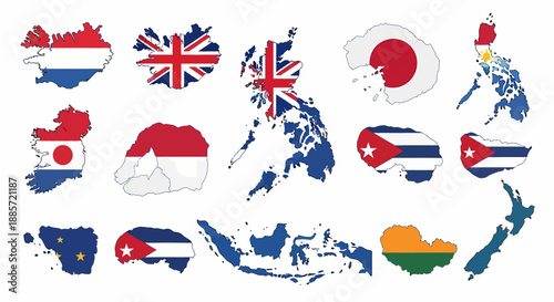 Collection of World Country Maps Featuring National Flags as Fillers