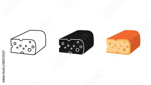 Three wedges of cheese in different colors on white background