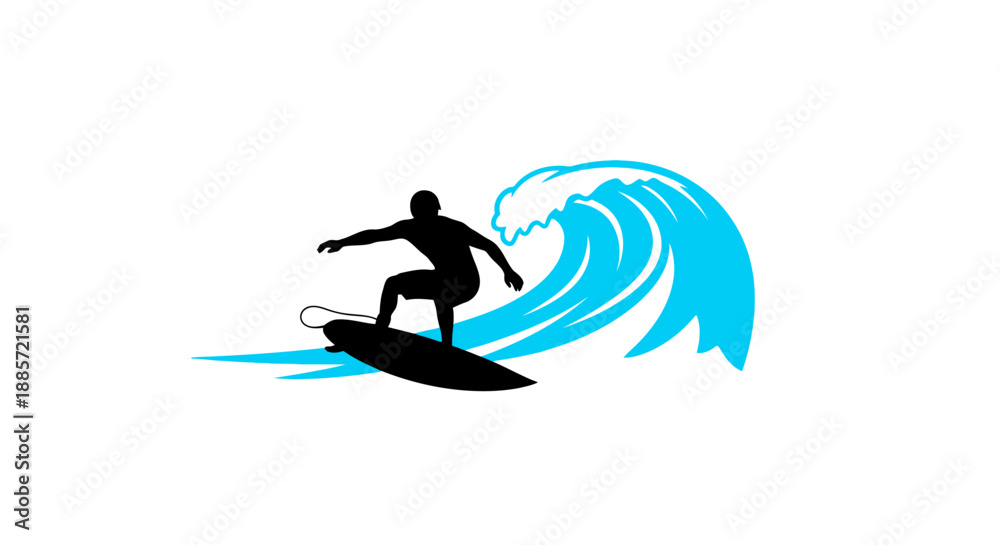Fototapeta premium Surfer riding massive blue wave on surfboard with dynamic movement