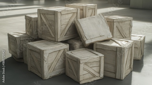 A pile of rough hewn wooden crates with splintered edges stacked indoors