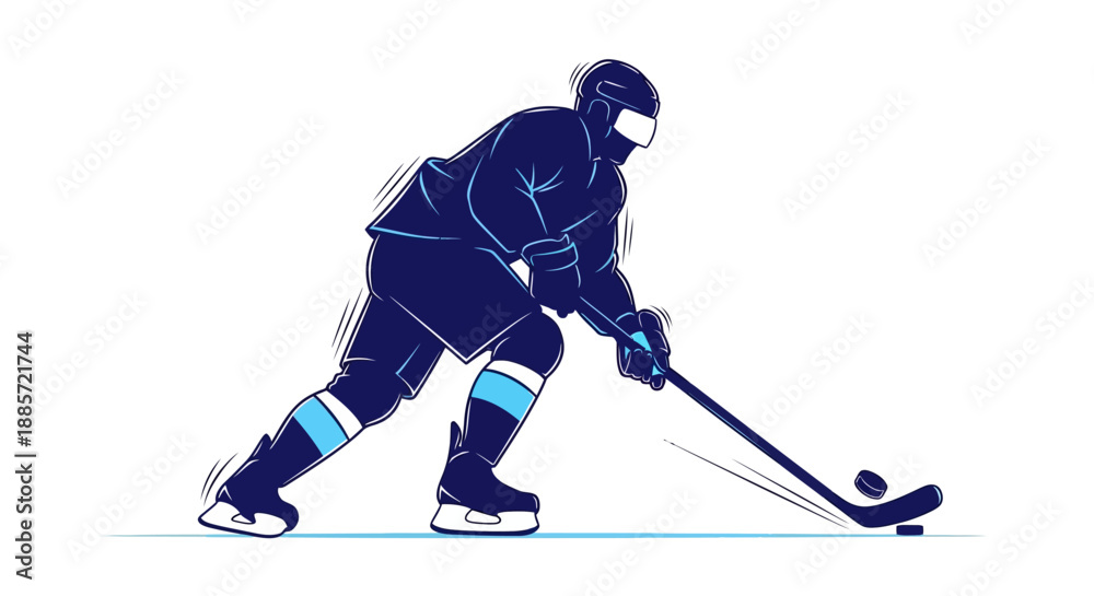 Obraz premium Hockey player in action hitting puck with stick on ice