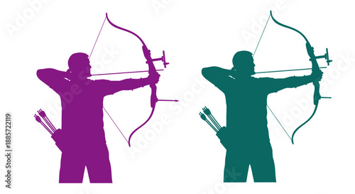 Archers in purple and green aiming bows in dynamic stances
