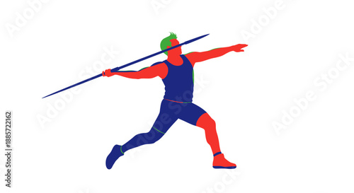 Athlete in dynamic javelin throw motion with vibrant colors
