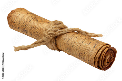 Ancient parchment scroll tied with rope with vintage and antique isolated on a transparent background