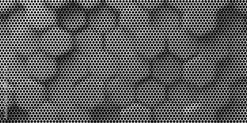 Hexagon halftone gradient texture. Abstract black grunge background. Geometric retro halftone tech overlay. Fading wavy hexagonal pattern backdrop. Vector vanishing honeycomb grunge bitmap wallpaper