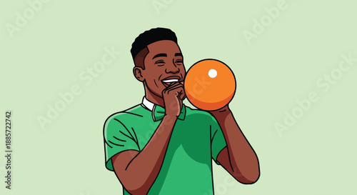 Laughing man holding orange balloon having fun at party vector