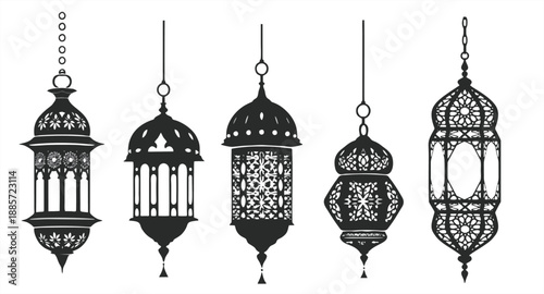 Collection of Arabic lantern silhouettes and line art. Traditional Islamic lamp set for Ramadan Kareem, Eid Mubarak, and Middle Eastern decoration.