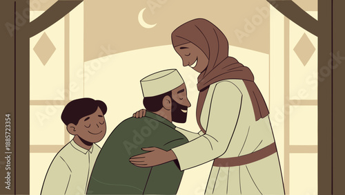 Joyful Muslim family embracing, celebrating togetherness and tradition under a crescent moon