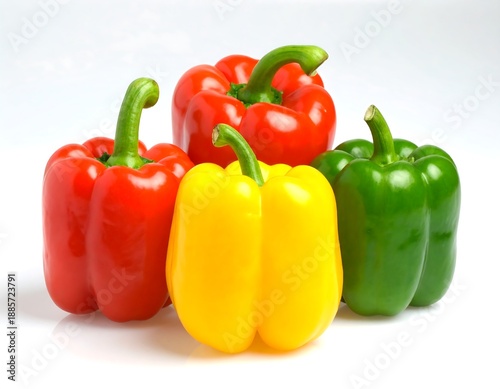 Four colorful bell peppers, red, yellow, and green, arranged close together against a white background