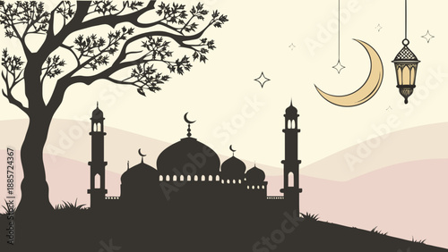 Islamic Mosque Silhouette with Crescent Moon, Stars & Lantern. Ramadan & Eid Celebration Background.