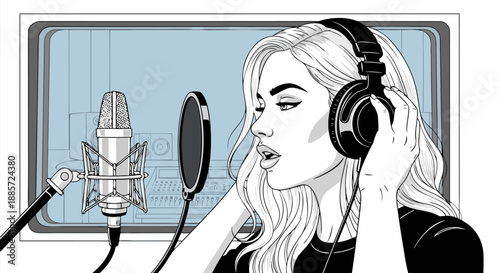 Vector illustration of a young woman singing into a microphone with headphones on in a recording studio