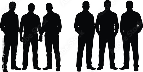 Group of men silhouettes standing together in different poses, isolated on white background, business and teamwork concept human silhouettes illustration