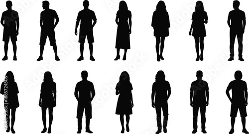 Men and women silhouettes collection in casual standing poses, diverse people figures isolated on white background, modern lifestyle human silhouettes illustration