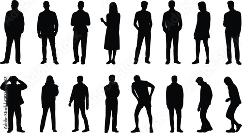 People silhouettes collection in different poses, men and women standing and walking isolated on white background, modern human figures concept illustration
