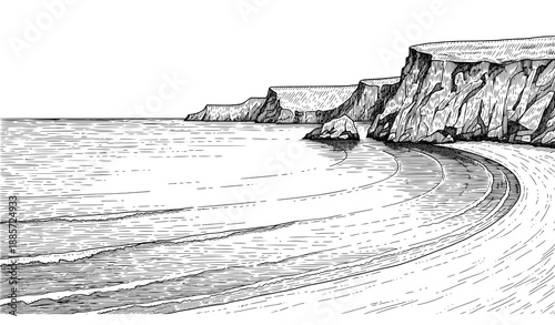 Black and White Sea Bay Engraved Landscape Sketch Vector Illustration