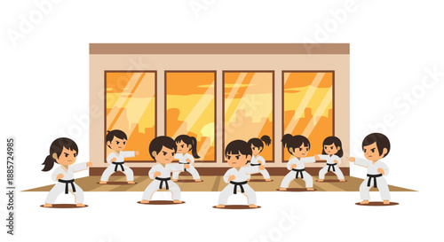 This energetic illustration shows a group of children in white gis practicing karate and martial arts forms in a dojo, emphasizing discipline and physical activity.