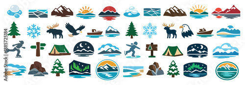 Abraham Lake Alberta Adventure Icons with Mountains, Wildlife, and Nature