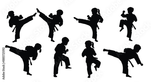 This dynamic image presents multiple silhouettes of children performing various karate and martial arts moves, showcasing agility, strength, and the beauty of self-defense forms.