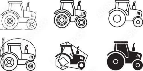 A set of tractor icons featuring various line art and silhouette styles for agricultural themes Vector