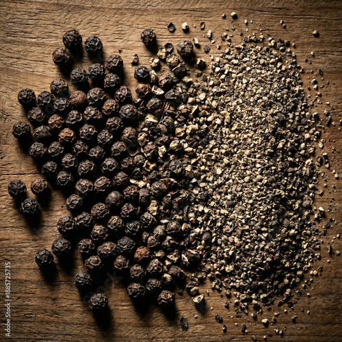 A background of ground black pepper (coarse grind) with some whole peppercorns mixed in
