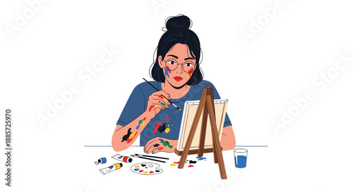This vibrant illustration portrays a passionate woman artist with paint playfully smeared on her face and arms, deeply engrossed in painting on a canvas with a brush.