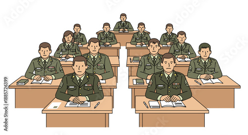 This structured illustration shows multiple rows of soldiers in crisp military uniforms, seated attentively at desks in a classroom setting, ready for their military education.