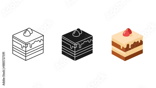 Three different colored cake slices with icing and strawberry