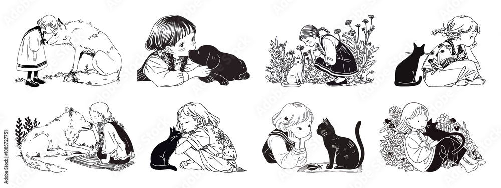 Obraz premium Vintage children with animals illustrations.