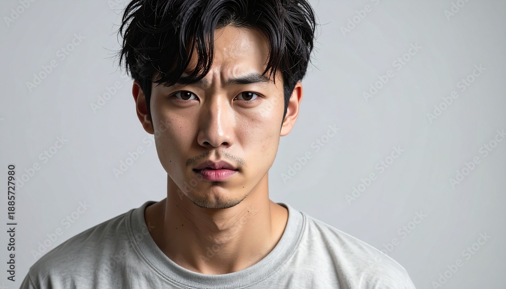 Obraz premium 白背景で悩みを抱える日本人男性1