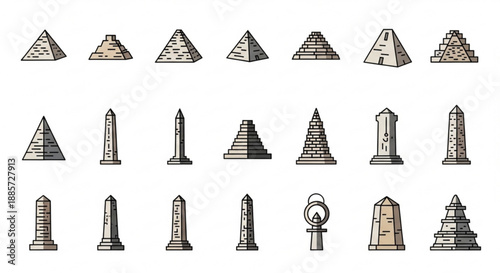 Collection of various ancient egyptian obelisks and pyramids in different styles and materials