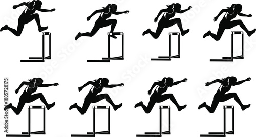 Athletics hurdles silhouette set, female runners jumping over obstacles, track and field athletes training, sprinting competition, sports icons isolated on white background.